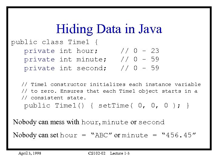 Hiding Data in Java public class Time 1 { private int hour; private int