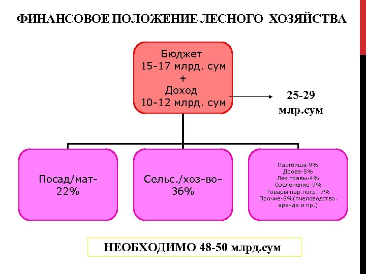 ФИНАНСОВОЕ ПОЛОЖЕНИЕ ЛЕСНОГО ХОЗЯЙСТВА Бюджет 15 -17 млрд. сум + Доход 10 -12 млрд.