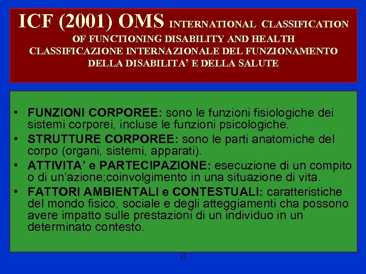 ICF (2001) OMS INTERNATIONAL CLASSIFICATION OF FUNCTIONING DISABILITY AND HEALTH CLASSIFICAZIONE INTERNAZIONALE DEL FUNZIONAMENTO