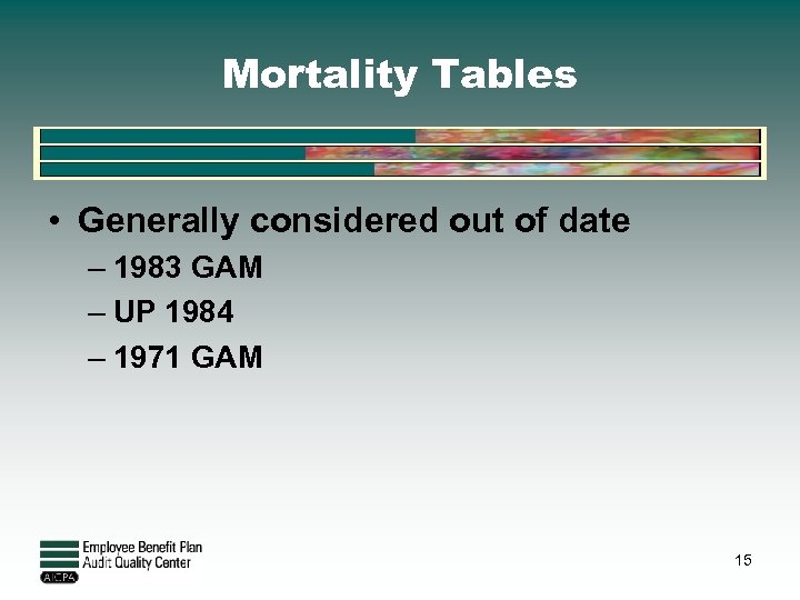 Mortality Tables • Generally considered out of date – 1983 GAM – UP 1984