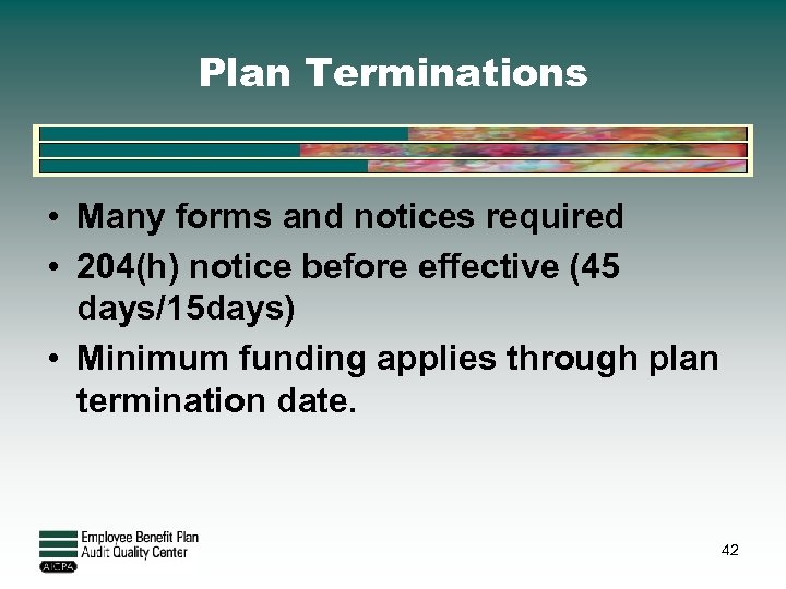 Plan Terminations • Many forms and notices required • 204(h) notice before effective (45