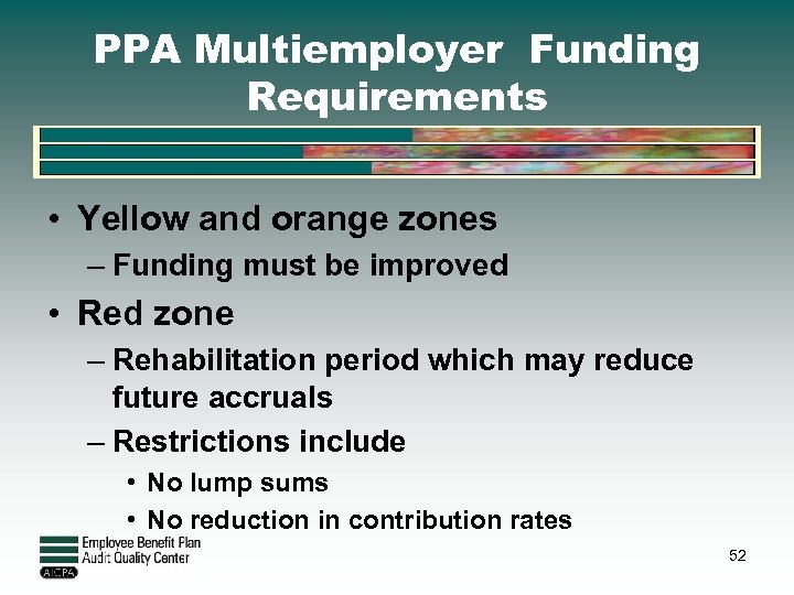 PPA Multiemployer Funding Requirements • Yellow and orange zones – Funding must be improved