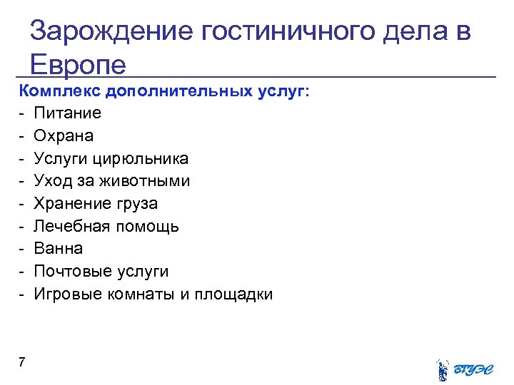 Зарождение гостиничного дела в Европе Комплекс дополнительных услуг: - Питание - Охрана - Услуги