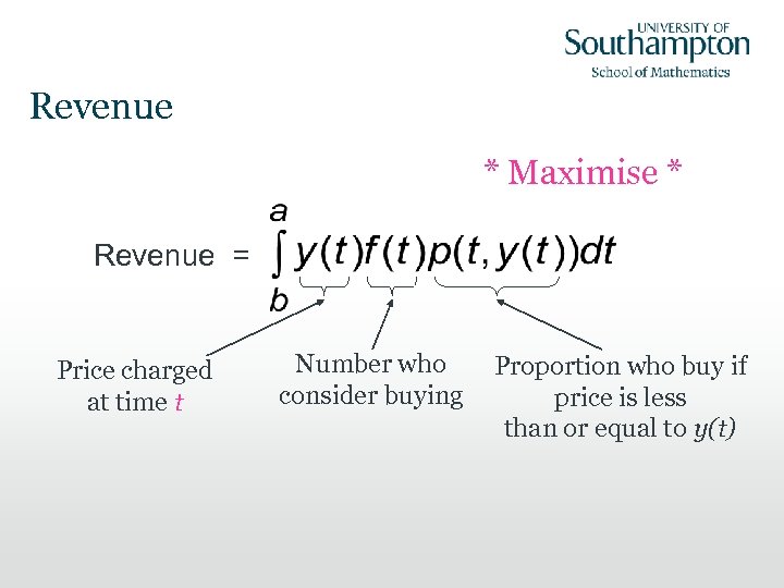 Revenue * Maximise * Revenue = Price charged at time t Number who consider
