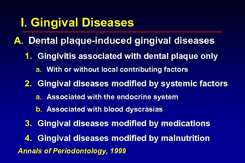 I. Gingival Diseases A. Dental plaque-induced gingival diseases 1. Gingivitis associated with dental plaque