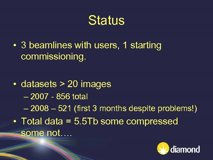 Status • 3 beamlines with users, 1 starting commissioning. • datasets > 20 images