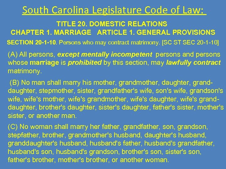 South Carolina Legislature Code of Law: TITLE 20. DOMESTIC RELATIONS CHAPTER 1. MARRIAGE ARTICLE