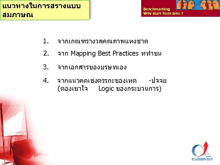 แนวทางในการสรางแบบ สมภาษณ Benchmarking Why start from zero ? 1. จากเกณฑรางวลคณภาพแหงชาต 2. จาก Mapping Best