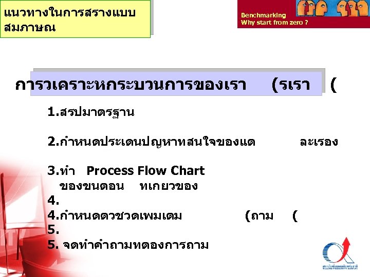 แนวทางในการสรางแบบ สมภาษณ Benchmarking Why start from zero ? การวเคราะหกระบวนการของเรา (รเรา ( 1. สรปมาตรฐาน 2.