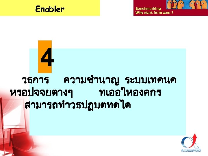 Enabler Benchmarking Why start from zero ? 4 วธการ ความชำนาญ ระบบเทคนค หรอปจจยตางๆ ทเออใหองคกร สามารถทำวธปฏบตทดได