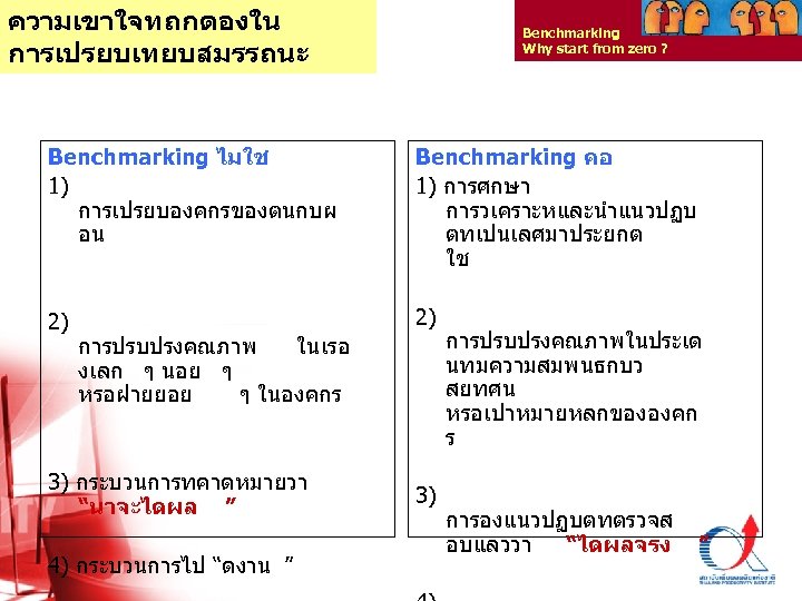 ความเขาใจทถกตองใน การเปรยบเทยบสมรรถนะ Benchmarking Why start from zero ? Benchmarking ไมใช 1) การเปรยบองคกรของตนกบผ อน Benchmarking