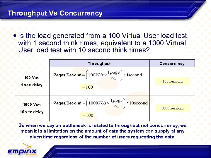 Throughput Vs Concurrency Is the load generated from a 100 Virtual User load test,