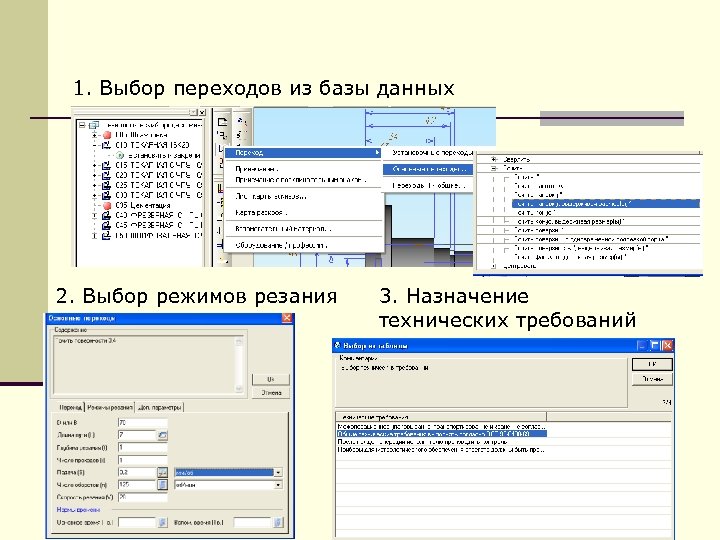 1. Выбор переходов из базы данных 2. Выбор режимов резания 3. Назначение технических требований