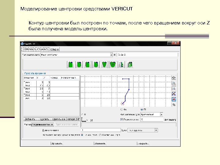 Моделирование центровки средствами VERICUT Контур центровки был построен по точкам, после чего вращением вокруг