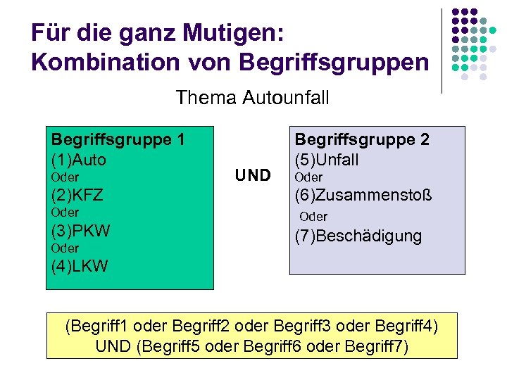 Für die ganz Mutigen: Kombination von Begriffsgruppen Thema Autounfall Begriffsgruppe 1 (1)Auto Oder (2)KFZ