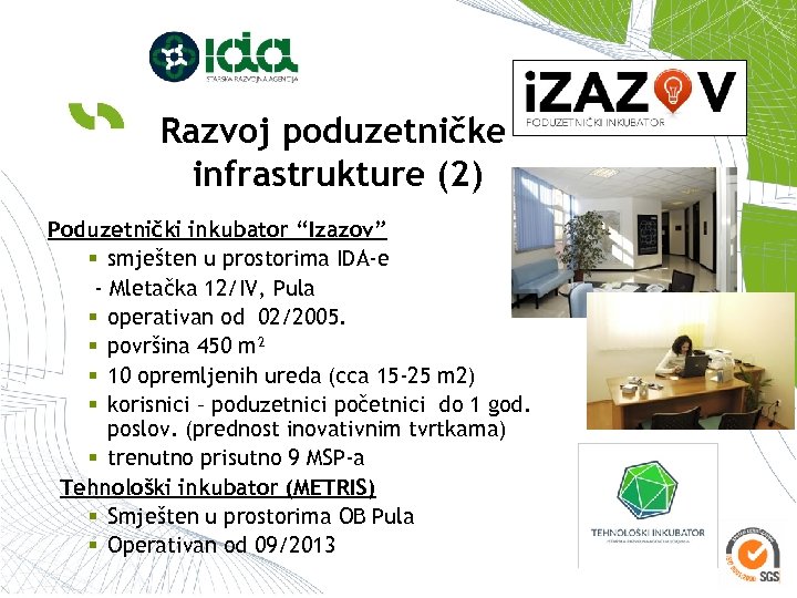 Razvoj poduzetničke infrastrukture (2) Poduzetnički inkubator “Izazov” § smješten u prostorima IDA-e - Mletačka
