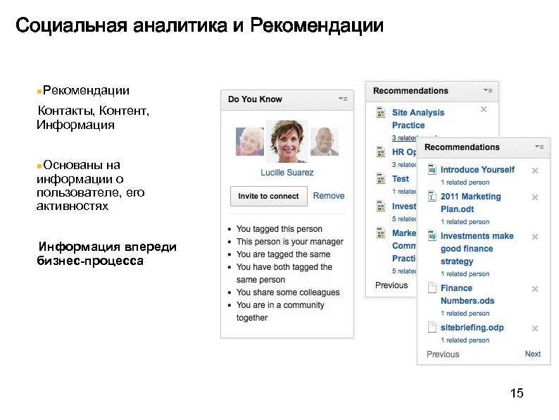 Социальная аналитика и Рекомендации ●Рекомендации Контакты, Контент, Информация ●Основаны на информации о пользователе, его