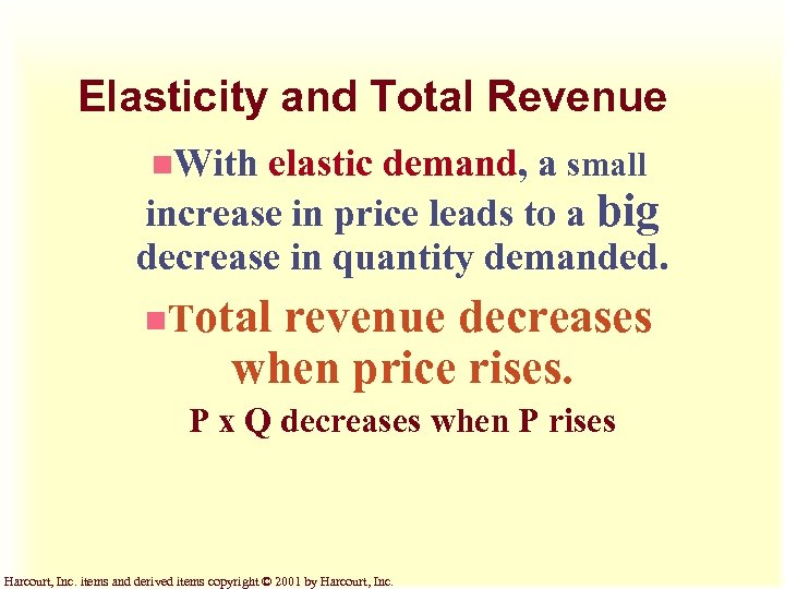 Elasticity and Total Revenue n. With elastic demand, a small increase in price leads