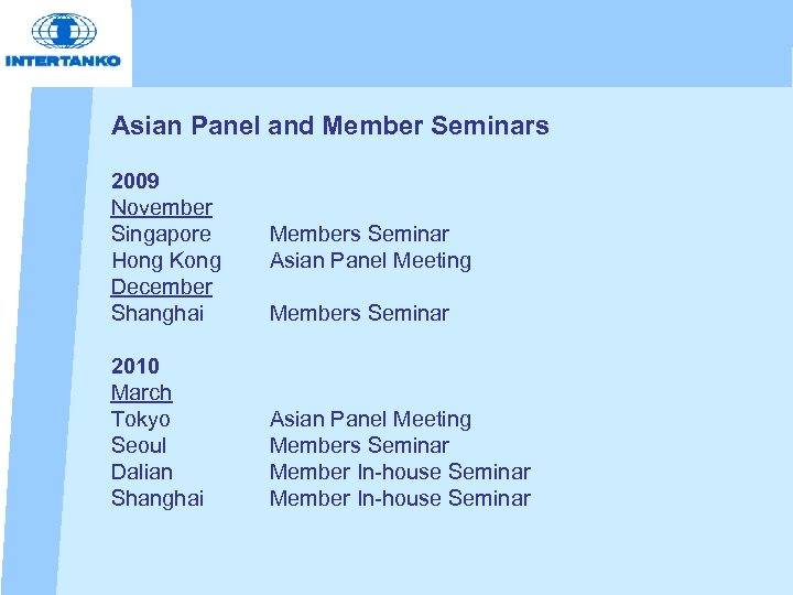 Asian Panel and Member Seminars 2009 November Singapore Hong Kong December Shanghai 2010 March