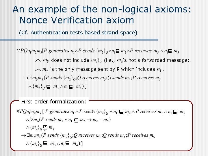 An example of the non-logical axioms: Nonce Verification axiom (Cf. Authentication tests based strand