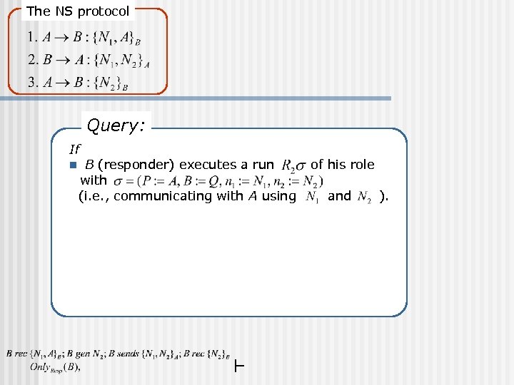 The NS protocol Query: If n B (responder) executes a run with (i. e.