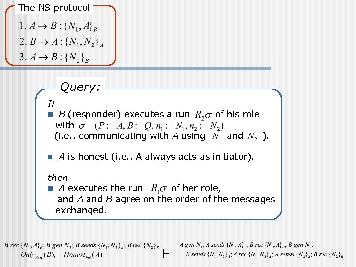 The NS protocol Query: If n n B (responder) executes a run with (i.
