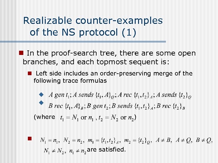 Realizable counter-examples of the NS protocol (1) n In the proof-search tree, there are