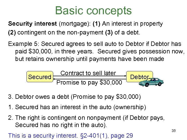 Basic concepts Security interest (mortgage): (1) An interest in property (2) contingent on the