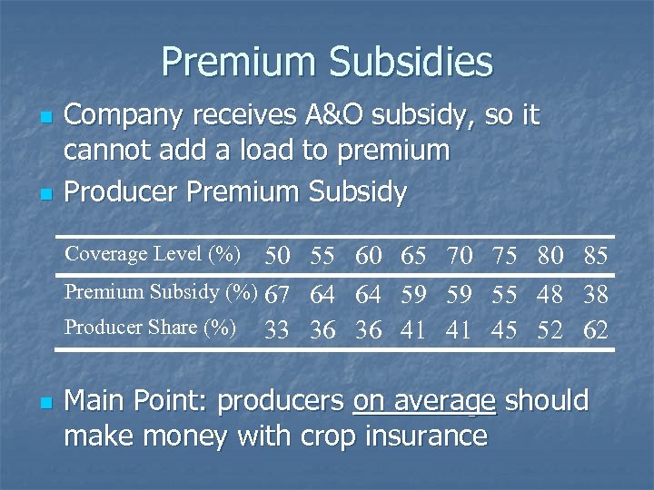 Premium Subsidies n n Company receives A&O subsidy, so it cannot add a load