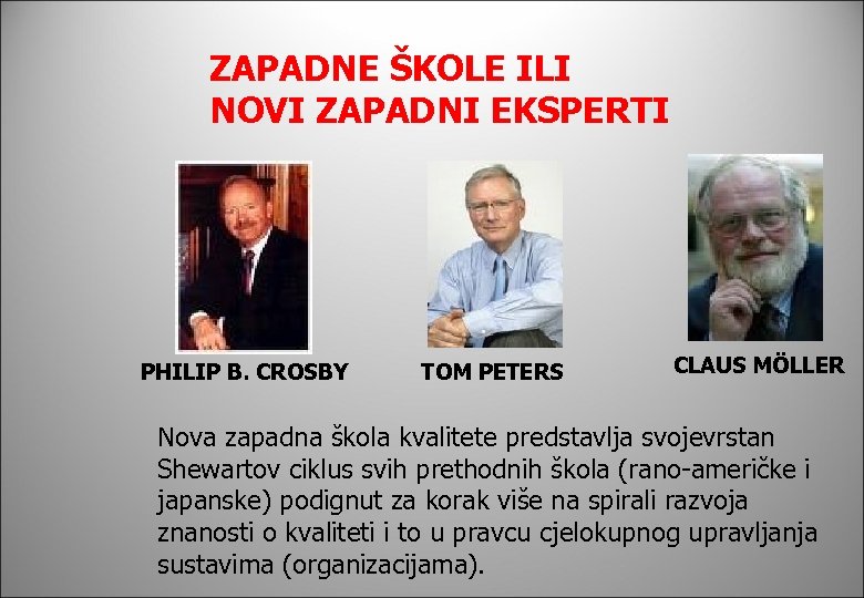 ZAPADNE ŠKOLE ILI NOVI ZAPADNI EKSPERTI PHILIP B. CROSBY TOM PETERS CLAUS MÖLLER Nova