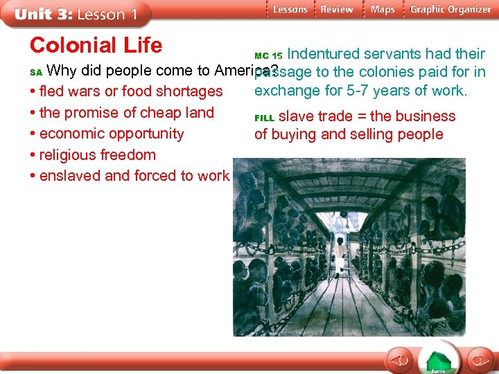 Colonial Life Indentured servants had their SA Why did people come to America? passage