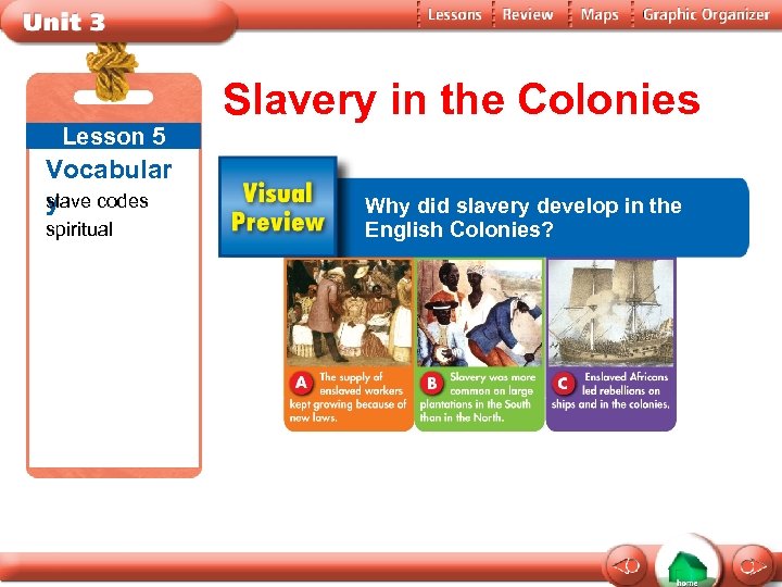 Lesson 5 Vocabular s ylave codes spiritual Slavery in the Colonies Why did slavery