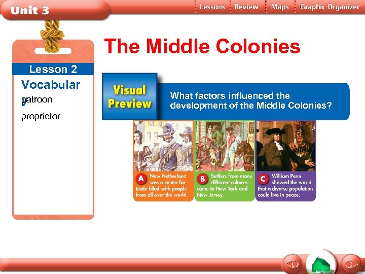 The Middle Colonies Lesson 2 Vocabular patroon y proprietor What factors influenced the development
