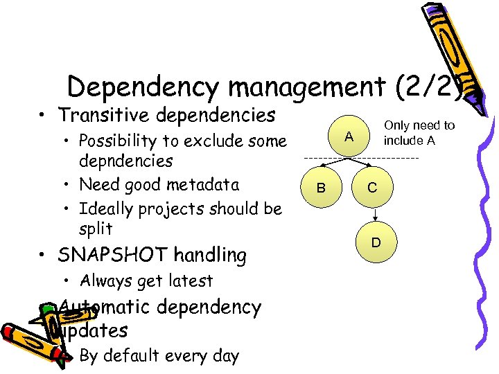 Dependency management (2/2) • Transitive dependencies • Possibility to exclude some depndencies • Need