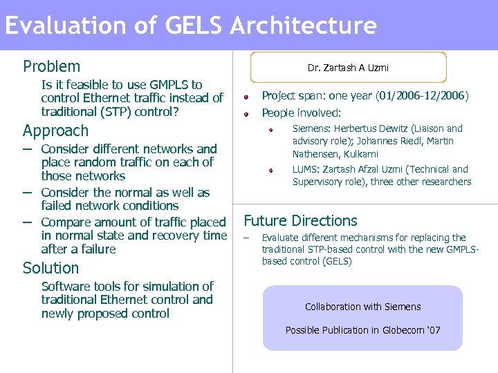 Evaluation of GELS Architecture Problem Dr. Zartash A Uzmi – Is it feasible to