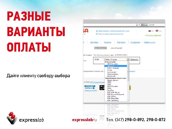 РАЗНЫЕ ВАРИАНТЫ ОПЛАТЫ Дайте клиенту свободу выбора expresslab. ru Тел. (347) 298 -0 -892,