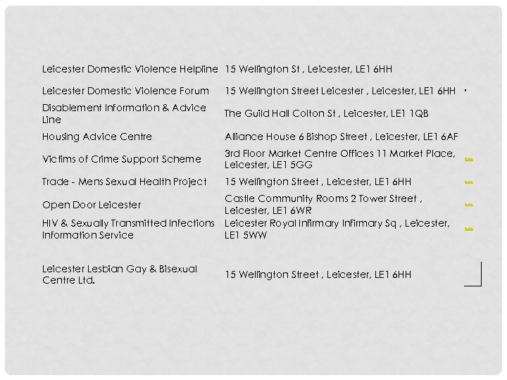 Leicester Domestic Violence Helpline 15 Wellington St , Leicester, LE 1 6 HH Leicester