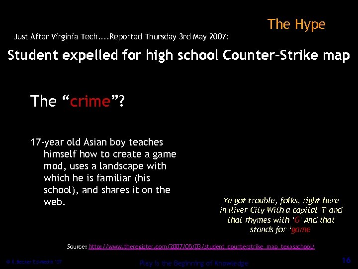 The Hype Just After Virginia Tech. . Reported Thursday 3 rd May 2007: Student