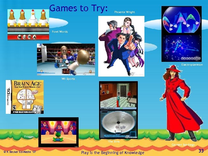 Games to Try: Phoenix Wright Fowl Words Electroplankton Wii Sports Frogger The Sims ©