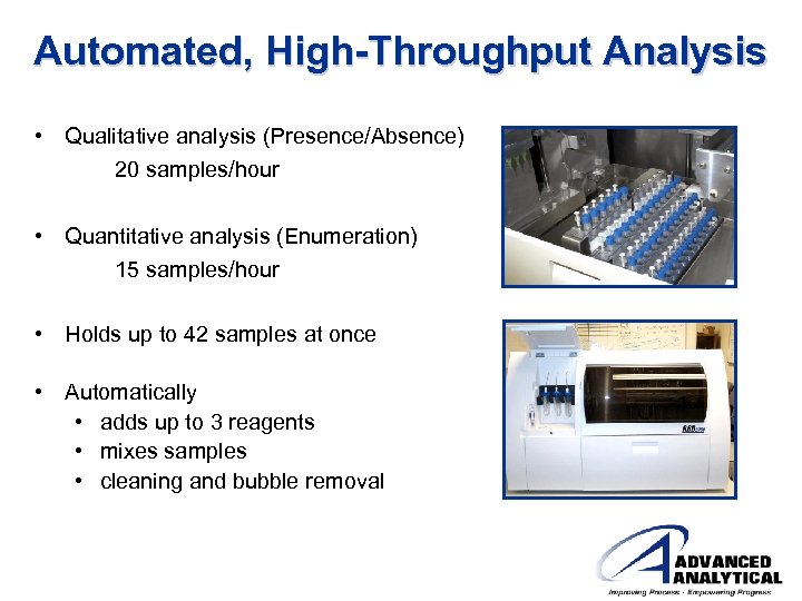 Automated, High-Throughput Analysis • Qualitative analysis (Presence/Absence) 20 samples/hour • Quantitative analysis (Enumeration) 15