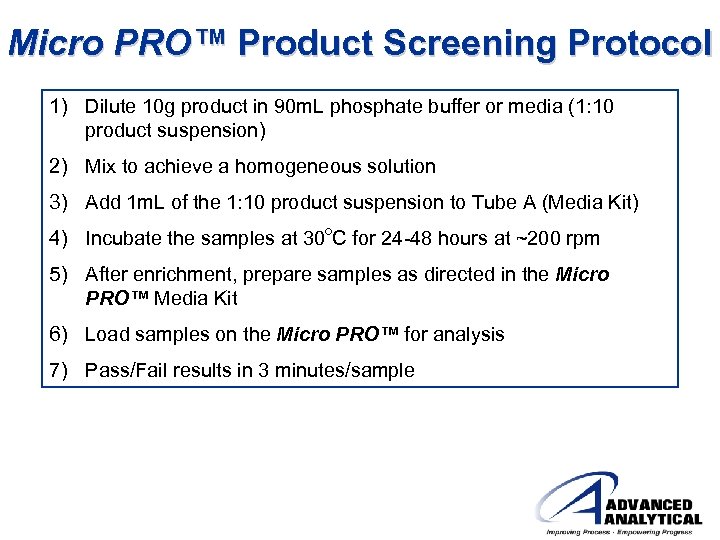 Micro PRO™ Product Screening Protocol 1) Dilute 10 g product in 90 m. L