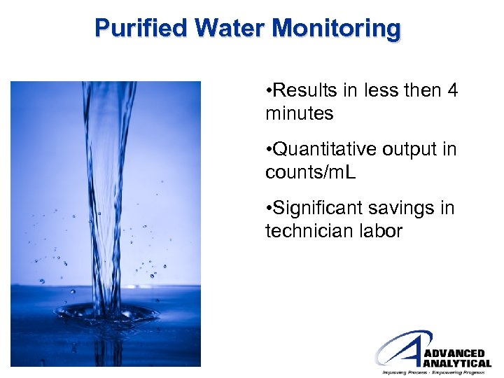 Purified Water Monitoring • Results in less then 4 minutes • Quantitative output in