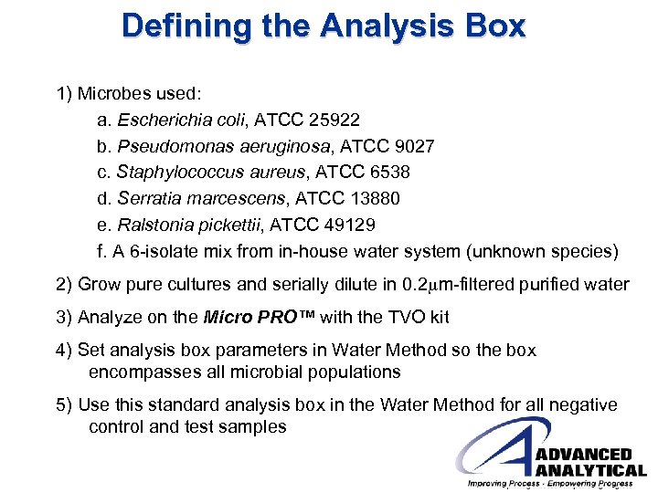 Defining the Analysis Box 1) Microbes used: a. Escherichia coli, ATCC 25922 b. Pseudomonas