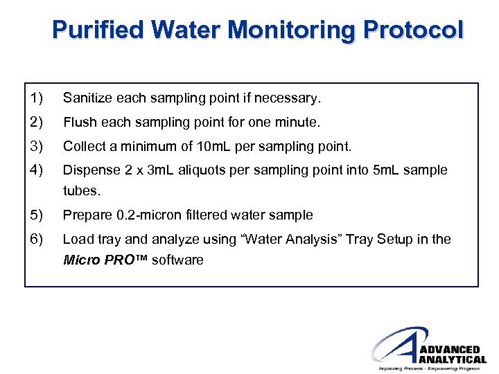 Purified Water Monitoring Protocol 1) Sanitize each sampling point if necessary. 2) Flush each