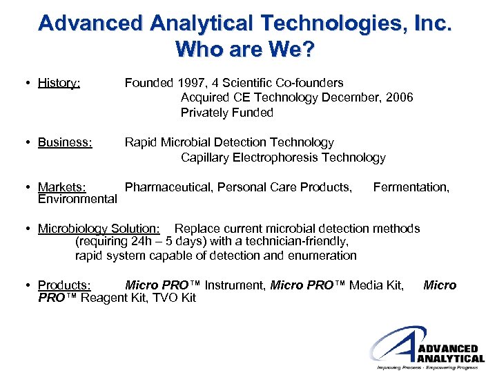 Advanced Analytical Technologies, Inc. Who are We? • History: Founded 1997, 4 Scientific Co-founders