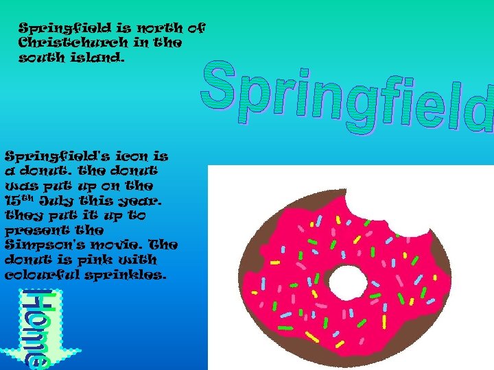 Springfield is north of Christchurch in the south island. Springfield's icon is a donut.