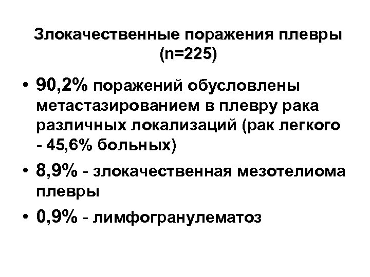 Злокачественные поражения плевры (n=225) • 90, 2% поражений обусловлены метастазированием в плевру рака различных