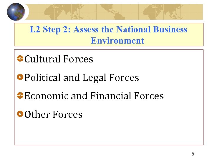 I. 2 Step 2: Assess the National Business Environment Cultural Forces Political and Legal
