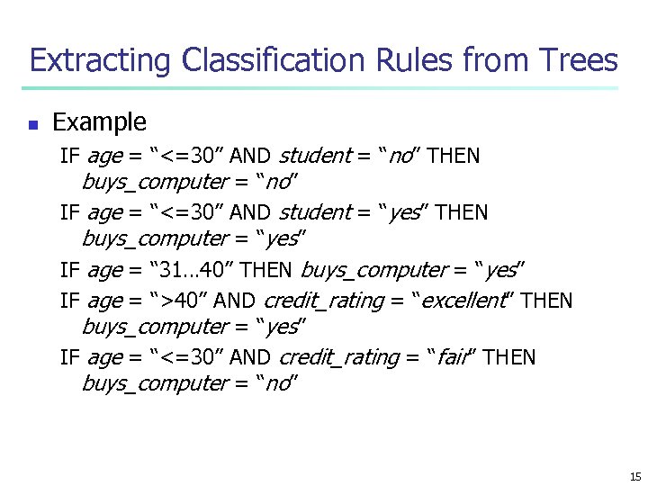 Extracting Classification Rules from Trees n Example IF age = “<=30” AND student =