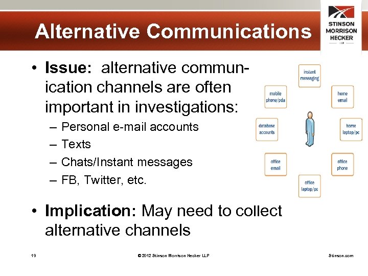 Alternative Communications • Issue: alternative communication channels are often important in investigations: – –